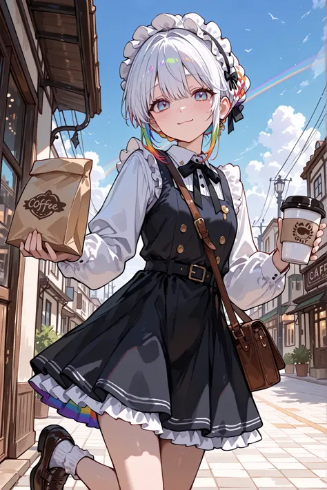 Masterpiece,solo.cowboy shot.young girl.white hair,Braided updo.rainbow highlights, rainbow underlayer hair.round blue eyes.gentle smile.dress shirts,frilly black pinafore(middle skirt).frilly hairband.uncle socks,sneakers likes loafers.Food delivery shoul...