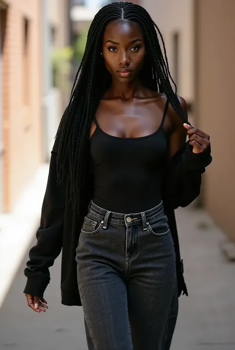 minaelmi,Candid photoreal street portrait of young Black tenage woman with her distinctive oblong face and 8thick jumbo braids, captured in an unposed moment as she navigates am urban back alley, her slim figure perfectly showcased in natural motion, dwear...