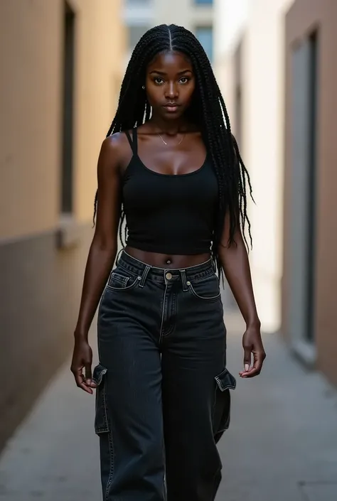 Candid photoreal street portrait of young Black teenage woman with distinctive oblong face and thick jumbo braids, captured in an unposed moment navigating an urban back alley. Her slim figure showcased in natural motion, wearing fitted dark tank top conto...
