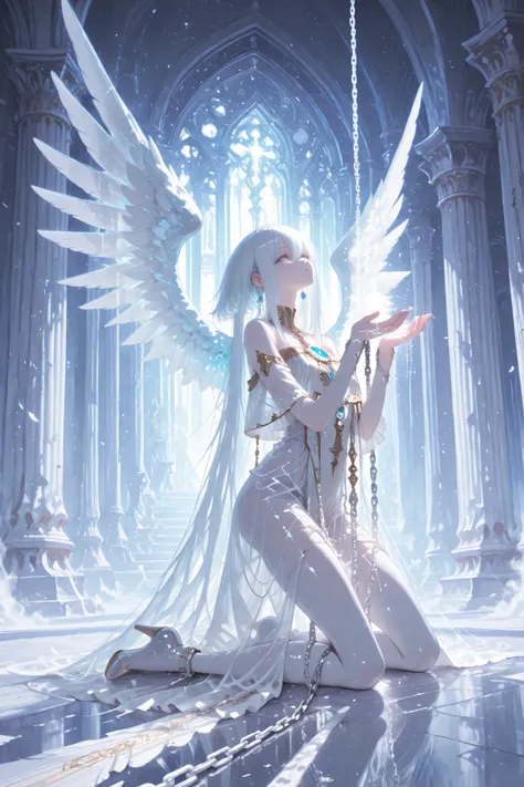 aria, see-through clothing, high-heeled shoes、A glowing white chain descends from the sky, A mysterious girl kneels chained to the ground, offering prayers to the gods. The chains shimmer with ethereal light, and beneath them lies a captive—perhaps a falle...