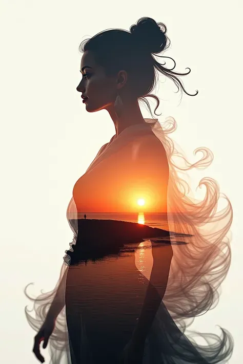 High quality，8K Ultra HD，美丽的Doubleexposure，combines the silhouette of the goddess with the sunset coast，The sunset coast should be used as the bottom background，details are incorporated into the goddess's silhouette，Clear lines，The background is monochroma...