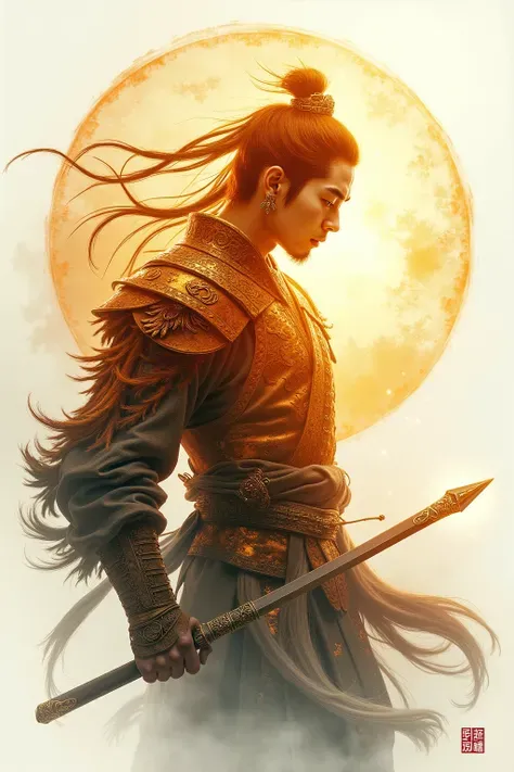 A high-quality double exposure artwork，combines the outline of Sun Wukong's fighting posture with the burning flame mountain background，gold armor details incorporate mountain texture，The dynamic lines outline the light and shadow of Ruyi's gold hoop，The m...