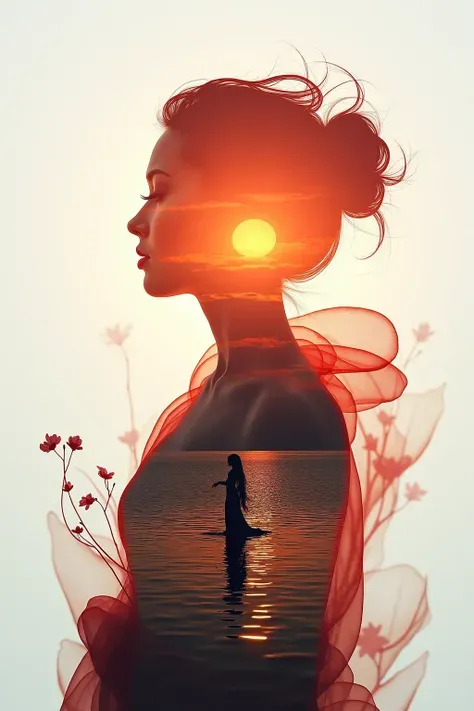 High quality，8K Ultra HD，美丽的Doubleexposure，combines the silhouette of the goddess with the sunset coast，The sunset coast should be used as the bottom background，details are incorporated into the goddess's silhouette，Clear lines，The background is monochroma...