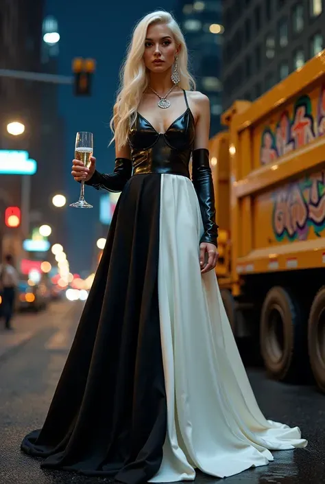 8K fashion blockbuster，An eye-catching hairstyle with half white gold and dark black，The model wears a black and white two-color patchwork dress：tight black leather on one side、flowing white silk on one side，skirt is 20 feet long。she is standing in a graff...