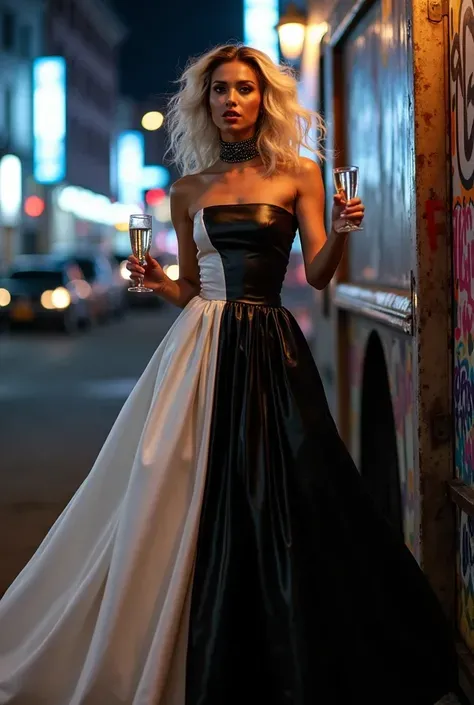 8K fashion blockbuster，An eye-catching hairstyle with half white gold and dark black，The model wears a black and white two-color patchwork dress：tight black leather on one side、flowing white silk on one side，skirt is 20 feet long。she is standing in a graff...