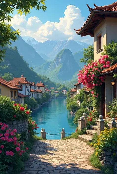 a small village by the river，Background is mountains，Flowers bloom，Brightly colored，Detailed Scenery，Beautiful Natural Scenery，Ambiance Lighting，Burning Sunsets，warm colors，utility，utility摄影，Detailed Leaves，Intricate architecture，cobblestone streets，charmi...