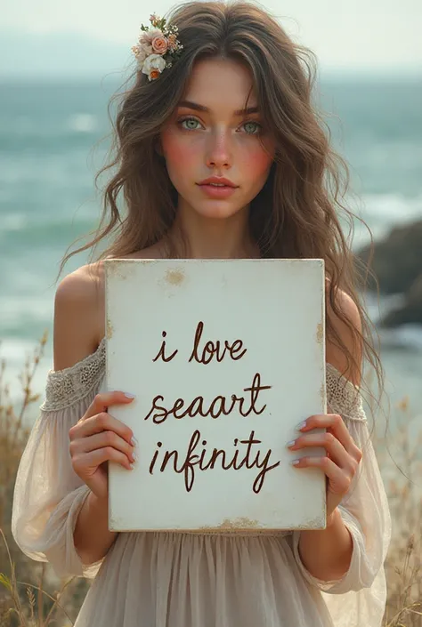 is a beautiful girl with long wavy hair wearing a bohemian dress, holding a white painting written on it "I Love Seaart Infinity" And expose it to the viewer