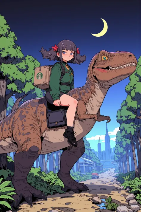A cute anime wearing a green and coffee brown delivery uniform on the beautiful night of the crescent moon The girl、she is riding on the back of a mighty Tyrannosaurus,dinosaurs have detailed scaly skin and sharp eyes,A casual, ancient and rugged texture,T...