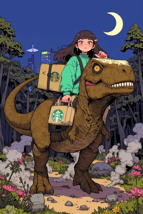 A cute anime wearing a green and coffee brown delivery uniform on the beautiful night of the crescent moon The girl、she is riding on the back of a mighty Tyrannosaurus,dinosaurs have detailed scaly skin and sharp eyes,A casual, ancient and rugged texture,T...