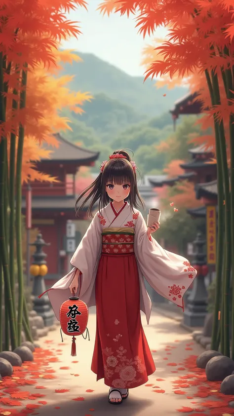 highdefinition images、A shrine maiden carrying Obon with coffee in the fall leaves in Arashiyama in the fall、Beautiful fall foliage in full bloom