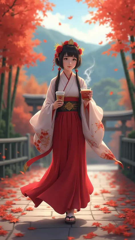highdefinition images、A shrine maiden carrying Obon with coffee in the fall leaves in Arashiyama in the fall、Beautiful fall foliage in full bloom