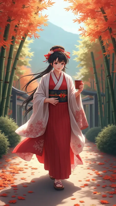 highdefinition images、A shrine maiden carrying Obon with coffee in the fall leaves in Arashiyama in the fall、Beautiful fall foliage in full bloom