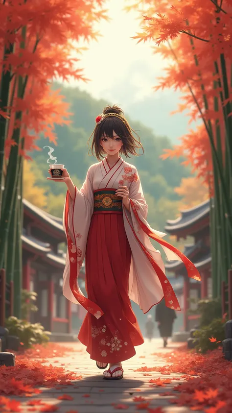 highdefinition images、A shrine maiden carrying Obon with coffee in the fall leaves in Arashiyama in the fall、Beautiful fall foliage in full bloom