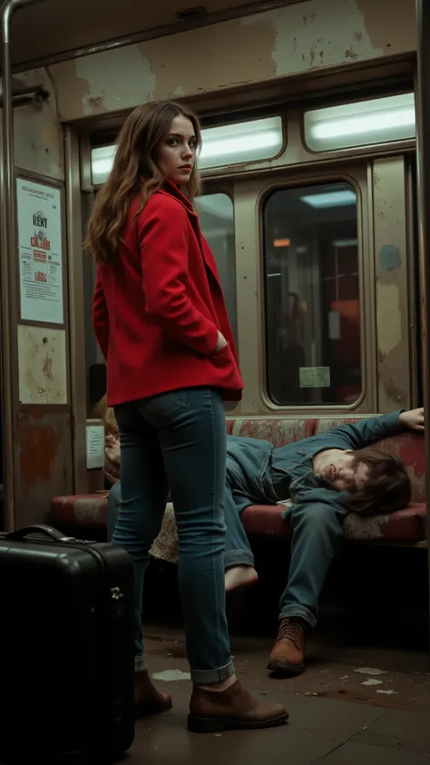 highdefinition images、Suitcase beside a London subway、The inside of the car is rattling and a drunk man is lying in his seat、A young woman in denim is standing in a red blouson nearby