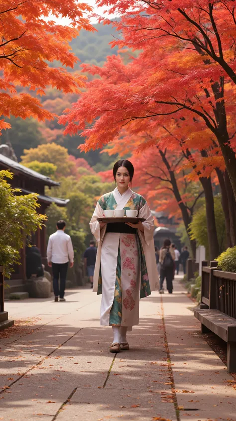 highdefinition images、beautiful shrine maiden carrying coffee on a plate on the autumn leaves in Arashiyama in the fall、beautiful autumn leaves in full bloom、There are also many tourists