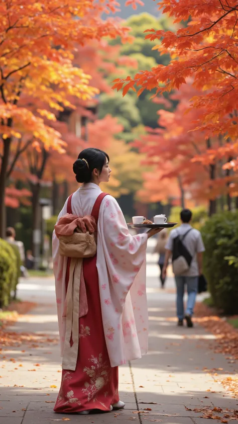 highdefinition images、beautiful shrine maiden carrying coffee on a plate on the autumn leaves in Arashiyama in the fall、beautiful autumn leaves in full bloom、There are also many tourists
