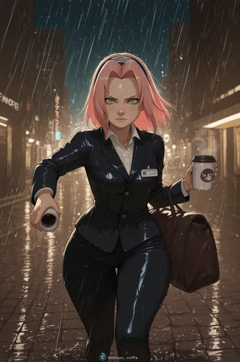 Sakura Haruno. small breasts, huge hips, pink hair, medium hair, light green eyes, thin lips, very fair skin, big forehead. | Urban night scene, lone coffee courier delivering a cup of coffee, professional courier uniform (non-transparent), rainy weather w...