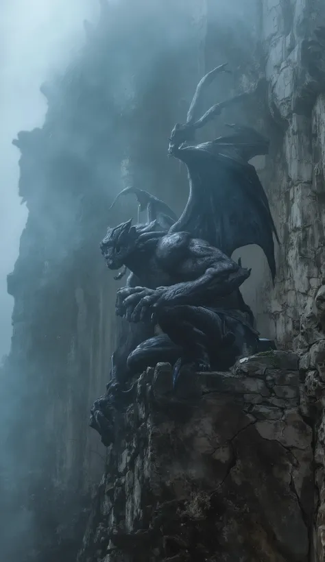 ,A gothic stone gargoyle crouched on the edge of an ancient cathedral façade during an overcast, misty day. The creature is thin, bony, and demonic, with long, sharp claws, elongated limbs, cracked matte skin, and two long, twisted horns. Its wings are dar...