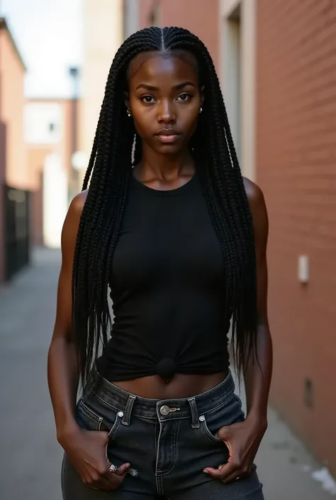 Candid photoreal portrait of a fiercely dominant young Black teenage woman with distinctive oblong face and 8 thick jumbo braids, captured in a secluded urban alleyway where her overwhelming presence commands absolute authority. Her posture radiates raw po...