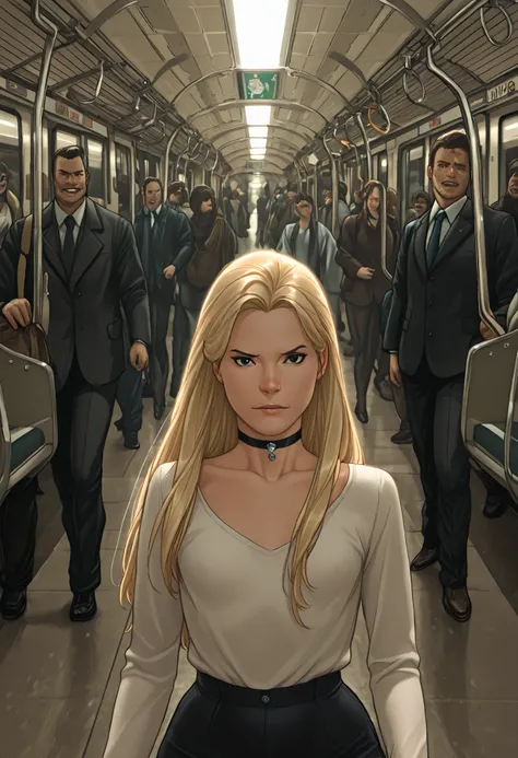 Pacifica Northwest, flat breasts, flat chest, skinny, huge hips, long hair, black eyes, blonde hair, choker , | Morning subway station interior, crowded commuters, diverse urban crowd, central figure with ambiguous expression (fatigue vs hope), professio...