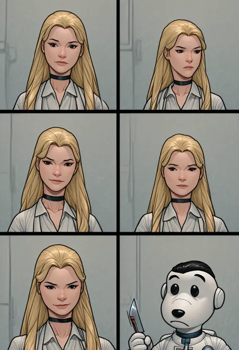 Pacifica Northwest, flat breasts, flat chest, skinny, huge hips, long hair, black eyes, blonde hair, choker , | Snoopy in multiple professional outfits, character transformation series, cartoon style with realistic details, various professions (doctor, c...