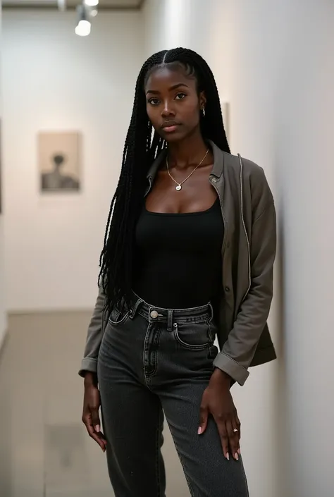 Candid photoreal portrait of a fiercely dominant young Black woman with distinctive oblong face and 8thick jumbo braids, captured in the corner of a minimalist concrete art gallery where she commands absolute attention despite other patrons. Her posture ra...