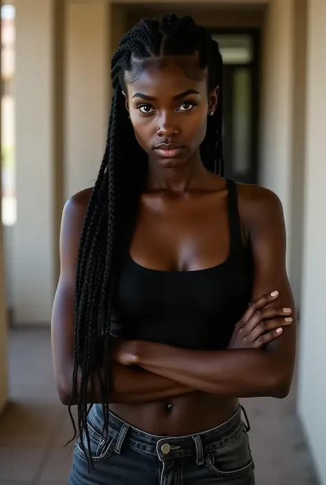 Candid photoreal portrait of a fiercely dominant young Black woman with distinctive oblong face and 8 thick jumbo braids, captured in a direct confrontational pose as she stares straight through the fourth wall with chilling authority. Her penetrating gaze...