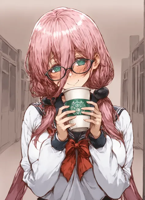 score_9, score_8_up, score_7_up, source_anime, 1 girl, nerdy girl, glasses, dumb smile, shy, twintails, hold cappuccino cup,Big breast, school Outfit, másterpiece, absurd, no letters,, pink hair, mechón de pelo, long bangs between eyes,hypnosis screen, blu...
