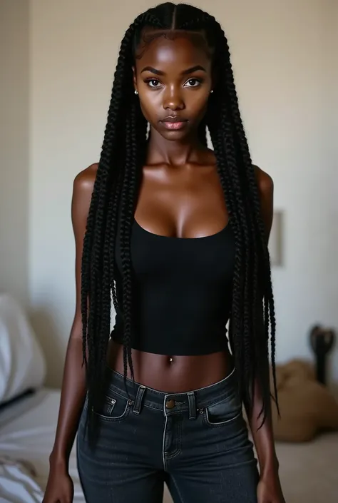 Candid photoreal portrait of a young adult dominatrix with distinctive oblong face and 8 thick jumbo braids, captured in a moment of absolute authority as she stares directly at the viewer with intimidating command. Her penetrating gaze locks with chilling...