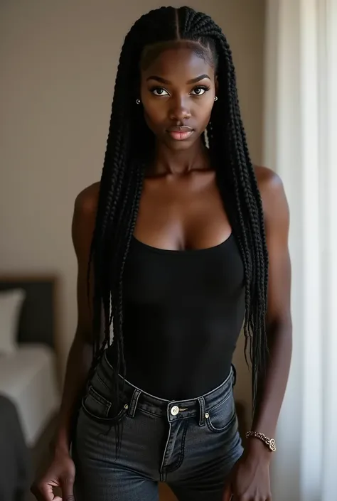 Candid photoreal portrait of a young adult dominatrix with distinctive oblong face and 8 thick jumbo braids, captured in a moment of absolute authority as she stares directly at the viewer with intimidating command. Her penetrating gaze locks with chilling...