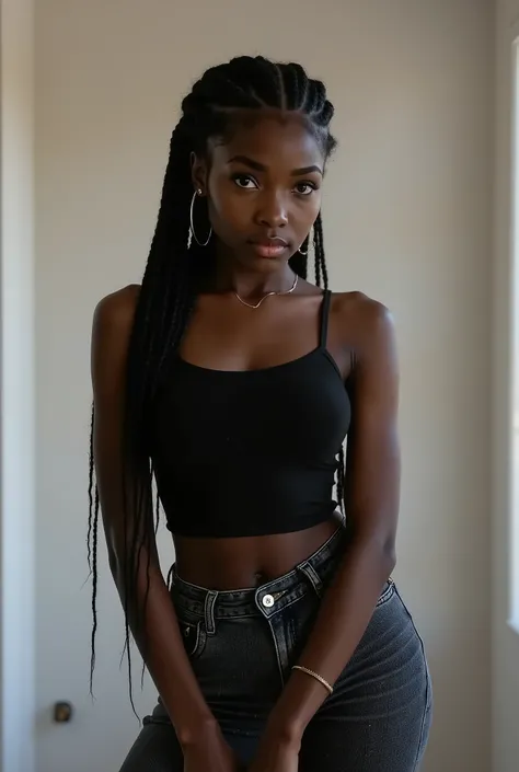 `Candid photoreal portrait of a young adult dominatrix with distinctive oblong face and 8 thick jumbo braids, captured in a moment of predatory anticipation as she stares directly at the viewer with unmistakable malicious intent. Her penetrating gaze locks...