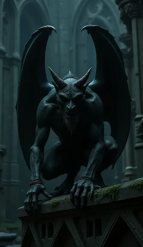 A gothic gargoyle crouched on a stone ledge, centered and imposing, filling most of the frame. The creature has a dark matte texture, dry cracked skin, rough stone-like surface, sharp claws, long horns, and large worn leathery wings. Its body is muscular b...