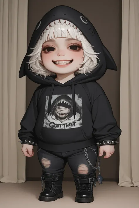 semi-realistic midjorney art style of a chubby young man, chibi, Hes got pale white emo cropped bangs that cover his eyes, long curtain bangs, Hes got a chubby soft and round cherubic face with pale skin. Hes got sharp teeth grin. He has a chubby body with...