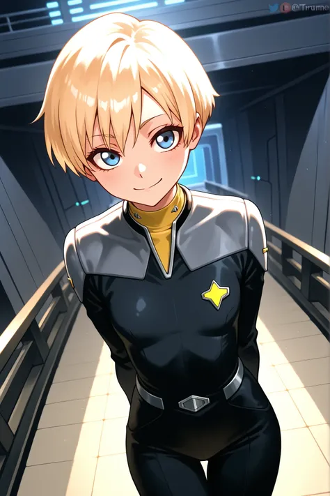 Masterpiece, highly detailed, beautiful woman, character, Star Trek,_petite_, thin eyebrows, cute face, blue eyes, tarume eyes, friendly smile, light blonde hair, short hair style, fair_completion, ds9st,black and grey star trek uniform,grey shoulders,yell...