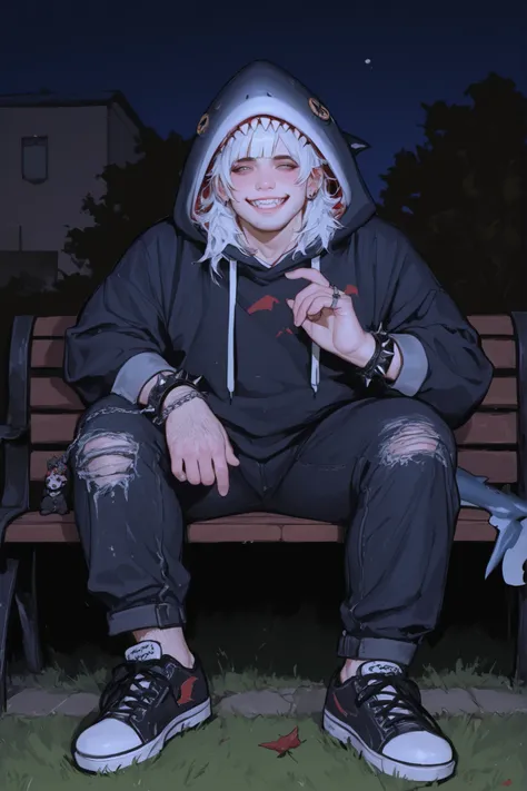 semi-realistic midjorney art style of a chubby young man, Hes got pale white emo cropped bangs that cover his eyes, long curtain bangs, Hes got a chubby soft and round cherubic face with pale skin. Hes got sharp teeth grin. He has a chubby body with soft c...