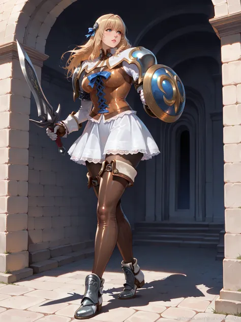 fight,sword,shield,Soft Touch,Delicate Body Curves,Realistic Human Body,Pura,Soul Calibur,The Blacksmith's Daughter,The Bakery's Granddaughter,Moving Poses,
Female Characters in Light Armor and Miniskirts,solo,,Blonde,Knitted tights,
 a Greek temple ,(mast...