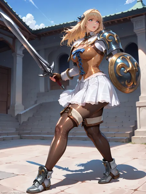 shieldで受け流す,fight,sword,shield,Soft Touch,Delicate Body Curves,Realistic Human Body,Pura,Soul Calibur,The Blacksmith's Daughter,The Bakery's Granddaughter,Moving Poses,
Female Characters in Light Armor and Miniskirts,solo,,Blonde,Knitted tights,
 a Greek t...