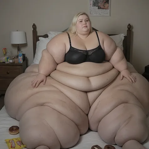 A highly detailed photorealistic photo of the most extremely fat, astronomically oversized, beautiful teenage woman imaginable sitting on her bed in a full body shot. She is an ultra-morbidly obese, hyper giga mega SSBBW weighing over 2000 pounds, with end...