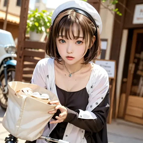     
Woman Delivering Coffee by Bicycle、(cute woman, adorable heroine),( On:1.25),1girl,  Cowboy Shot, worried expression, 
Delivery Person, 18, small breasted,small breasted、flat chest、（small top:1.6）、
brown hat,A white bicycle ,Big black bag,silver Okamo...