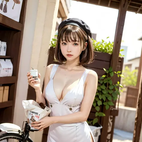     
Woman Delivering Coffee by Bicycle、(cute woman, adorable heroine),( On:1.25),1girl,  Cowboy Shot, worried expression, 
coffee delivery guy, 18, small breasted,small breasted、flat chest、（small top:1.6）、
brown hat,A white bicycle ,「COFFEE」A large bag wi...