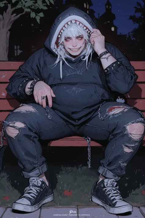 semi-realistic midjorney art style of a chubby young man, Hes got pale white emo cropped bangs that cover his eyes, long curtain bangs, Hes got a chubby soft and round cherubic face with pale skin. Hes got sharp teeth grin. He has a chubby body with soft c...