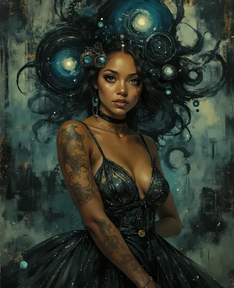 Impressionist surrealism, photo-realistic bizarre portrait of a beautiful, majestic caucasian half-Black lady—graceful yet an outcast, radiating eldritch aura and supernatural mystery. Deep golden-brown skin glows with lifelike detail. She stands in a dram...