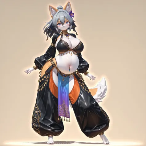 (1girl, solo, dog girl, furry, Kemono, Fluffy fur, coloured fur, two tone fur, gray hair, ponytail, hair between eyes, hair flower, violet eyes, big breasts, cleavage, navel, big belly, wide hips, belly dancer, arabian harem outfit, long sleeves, bra, thon...