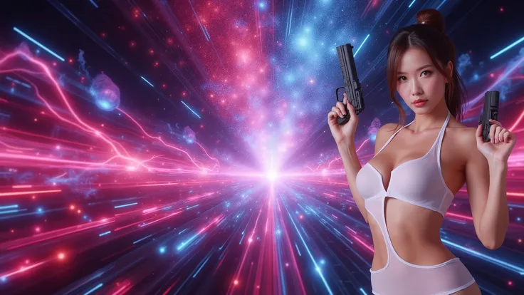 ((photo-realistic)), a sexy large-breast:1.1 Japanese woman, facing camera, cleavage, (((side boob))), hip up, slim face, slim:0.1 body, well-lit face, (((sexy-thigh:1.1, super hot short:0.1 lace transparent dress))), (((aiming with a short:0.1 pistol, bal...