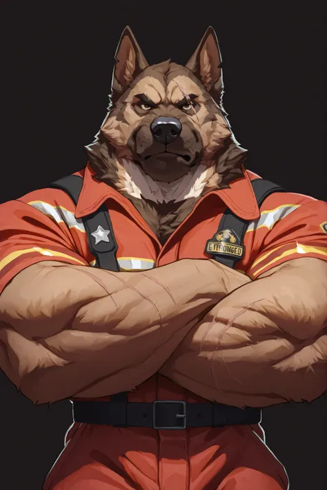 solo, masterpiece:1.3, wide angle, muscular man, furry dog, German shepherd, firefighter, firefighter uniform, film looks, firm, serious, strong, half body, scar on face, highly detailed, 8k, semi realistic, Anatomically Correct, Best Quality, Textured Ski...