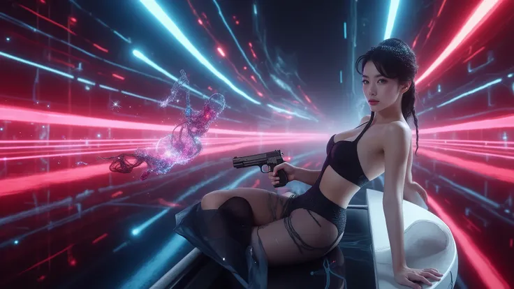 ((photo-realistic)), a sexy large-breast:1.1 Japanese woman, facing camera, cleavage, (((side boob))), hip up, slim face, slim:0.1 body, well-lit face, (((sexy-thigh:1.1, super hot short:0.1 lace transparent dress))), (((aiming with a short:0.1 pistol, bal...