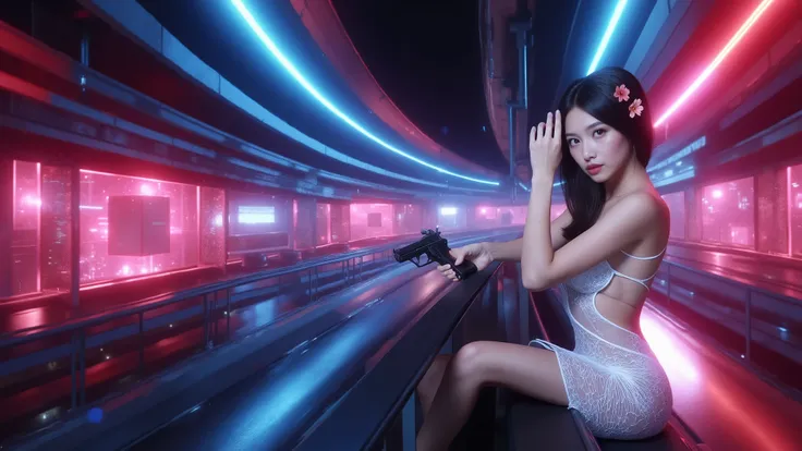 ((photo-realistic)), a sexy large-breast:1.1 Japanese woman, facing camera, cleavage, (((side boob))), hip up, slim face, slim:0.1 body, well-lit face, (((sexy-thigh:1.1, super hot short:0.1 lace transparent dress))), (((aiming with a short:0.1 pistol, bal...