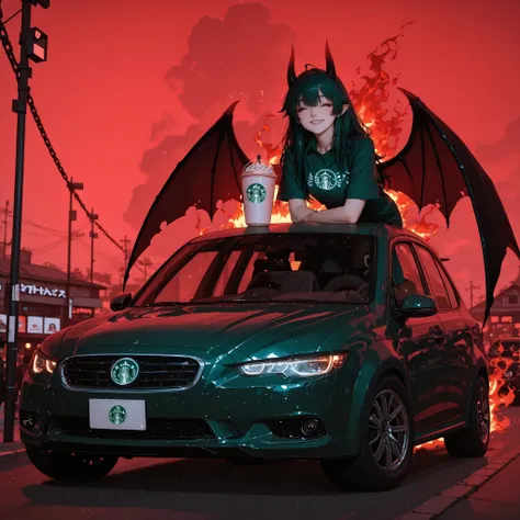 Starbucks delivery staff working、Starbucks delivery staff working on a “mobile Starbucks” minivan、car body with a black and dark green Starbucks design、shines reflecting lava light、delivery staff wear heat-resistant suits、deliver coffee to the devils、The b...