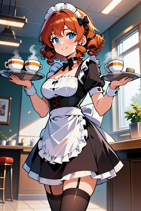 Tabitha Caroliner(young woman, medium bust, medium red-copper curly hair, blue eyes, cute face) wearing(white maid dress, black corset, black hair bows, black choker) carrying a tray of coffees