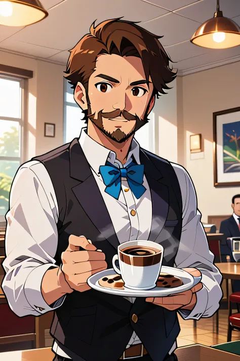 Benjamin Carter Davis (short brown hair, short beard, mustache, brown eyes, refined looking) wearing (white buttonup shirt, black vest, crimson jacket, bowtie) holding a tray of coffees
